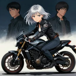 girl silver hair, motorcycle, illustration by Yoji Shinkawa and Krenz Cushart, cinematic portrait