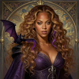 beyonce as a wizard, purple streaks in hair, bat hovering on her shoulder, deep focus, d & d, fantasy, intricate, elegant, highly detailed, digital painting, artstation, concept art, matte, sharp, illustration, hearthstone, art by artgerm and greg rutkowski and alphonse mucha