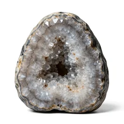 weathered crystal geode, photorealistic, isolated on a pure white background, centered, entire object in frame, sharp focus, soft studio lighting