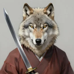 masterpiece painting of a Serious Wolf face, Kimono wearing Werewolf with a large Katana, light grey fur, featured in artstation, concept art by Greg Rutkowski, WLOP, Dan Mumford, Christophe Vacher