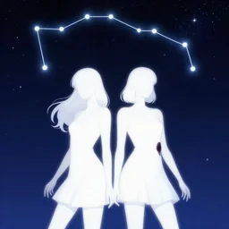 zodiac gemini constellation of white two girls indress in the starry sky, masterpiece epic retrowave art, trending on art station