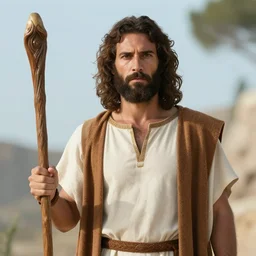 Mediterranean man as Moses holding a wooden staff in a movie directed by Steven Spielberg, movie still frame, promotional image, imax 70 mm footage