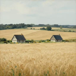 artwork of the cinematic view of normandy with a couple of two scattered small half - timbered houses in vast wheat fields by mordecai ardon, landscape view, depth of field, trending on artstation, background, nature