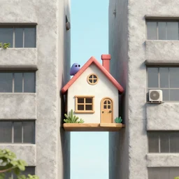 quaint colourful nail house wedged between a two tall Gray concrete buildings, whimsical, artstation