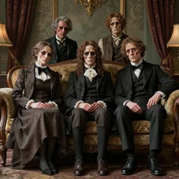 corpse family dressed in victorian sitting on a couch, realistic, 8 k, extremely detailed, cgi, trending on artstation, hyper - realistic render, 4 k hd wallpaper, premium prints available, octane render, award winning, by greg rutkowski