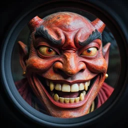 widest fish eye lens extremely close to smiling devil's face. photorealistic. intricate details. 3 5 mm photograph. dramatic lighting. action shot. absolute focus. masterpiece.