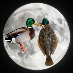 flounder and mallard in love on the moon realistic photo