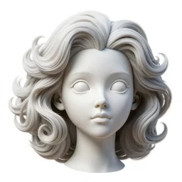 3 d full head and shoulders beautiful white porcelain woman with white big eyeballs all through her hair, realistic hair, 3 d swirling hair by theodor seuss geisel and daniel arsham and kim jung gi, on a white background