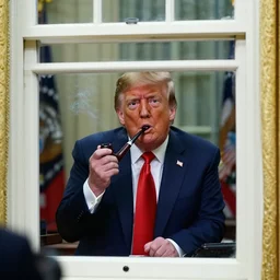 a shocking, candid photo of donald trump, smoking crack out of a crack pipe in the white house oval office. photo taken from a window outside the oval office, by a new york times reporter.