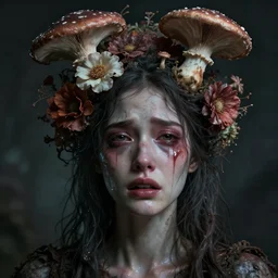 a disturbing horror photograph of a beautiful crying woman with flowers and fungus growing out of her head m, intricate, hyperrealism, sharp focus, cinematography, highly detailed, octane render, digital horror artwork, matte, photography by professional photographer