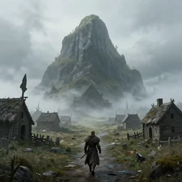 an giant roams an abandoned viking village during a foggy weather, fantasy art, octane render, hyperrealistic, artstation, 8k