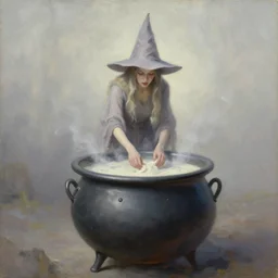 a witch in a cauldron, oil painting, pale colors, high detail, 8 k, wide angle, trending on artstation,