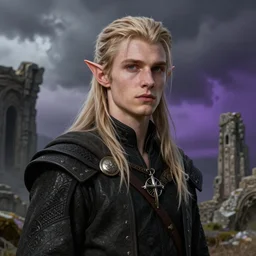 portrait of a slim young male elf from elder ring, photorealistic, ancient ruins in background, storm sky, gradient gray to purple, realistic, art by artgerm, matt rhodes and nick thornborrow, concept art, digital art, high detailed, smooth, sharp focus illustration, volumetric light, artstation