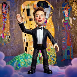 the world's richest man is a ventriloquist dummy from heaven!, psychedelic bliss trip, elon musk! as the puppet master, strings attached to the puppet, patterned skin, trending on artstation, photorealism, vibrant colors, digital art, in the style of harumi hironaka + gustav klimt + egon schiele, octane render, establishing shot.