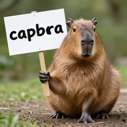 realistic high quality photo of a capybara holding a sign with text that reads : capybara