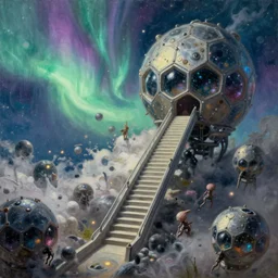 stairway to interstellar, illustration, chaotic, invasion, thanatos, nano hex armor hull, alien starship, aurora borealis on background, disintegration, volumetric lighting, soft lighting, soft details, painting oil on canvas by craig mullins and charlie bowater, octane render, HDR, trending on artstation, 4k, 8k, HD