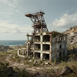 a beautiful hyperdetailed render of building abandoned architecture urbex opencast mine unfinished building by canaletto, wilderness tron sea, archdaily, wallpaper, highly detailed, trending on artstation.