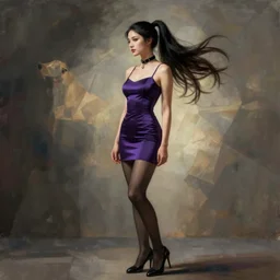 Succubus in tight short dress, stockings, heels, dog collar and ponytail portrait - geometric hair fluttering in the wind, by artgerm, WLOP
