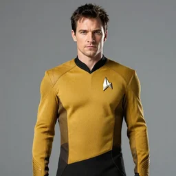 medium shot, studio photographic portrait of henry cavill wearing star trek uniform, studio lighting, highly detailed, photorealistic, concept art, 8k