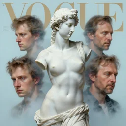 3 d, fashion model marble statue with a smirk, light blue fog, soft light, vogue cover style, poster art, high detail, intricate oil painting, multiple exposure, stanley kubrick mood, hyperrealism, 3 d, by tooth wu and wlop and beeple and greg rutkowski