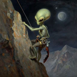 an alien in climbing gear climbing a mountain on an alien planet, matte painting, by isaac levitan and asher brown durand,