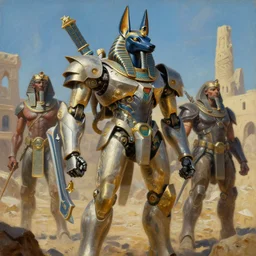 egyptian anubis mecha, tim hildebrandt, wayne barlowe, bruce pennington, donato giancola, trending on artstation, cinematic composition, beautiful lighting, hyper detailed, 8 k, oil on canvas