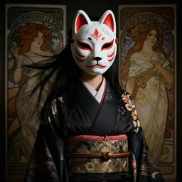 a photorealistic dramatic fantasy render of a beautiful woman wearing a beautiful intricately detailed japanese wolf kitsune mask and clasical japanese kimono by wlop, artgerm, greg rutkowski, alphonse mucha, beautiful dynamic dramatic dark moody lighting, shadows, cinematic atmosphere, artstation, concept design art, octane render, 8 k