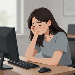 tired girl working on computer, tired, bags around eyes, early morning, digital art, drawing, artstation