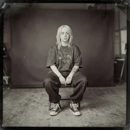 A daguerreotype photograph of Billie Eilish wide shot