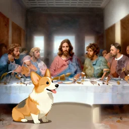 the last supper but jesus is a corgi, digital art