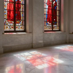 the sun shines through red stained glass windows that cast a beautiful reflection on the white marble floor below, i see the pattern of the windows outlined by the red light on the floor