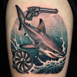 shark with pistol with turbine for the tail, drown in style of traditional tattoo by sailor jerry