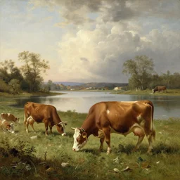 Cows grazing near a lake by John Constable, 4k, trending on artstation