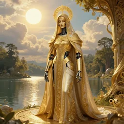 masterpiece medium shot concept art house solarpunk robot cyberpunk of catholic veiled, in the funny big lake the sky sun over beautiful clouds at the forests intricate, elegant, dramatic lighting, greg rutkowski, immerse, special effects makeup, maximalist, glittering, gold, ivory, hyperreal, golden ratio, alphonse mucha