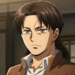 portrait of a man in his twenties with longish brown hair tied back, widows peak and a round face in the style of attack on titan, digital art