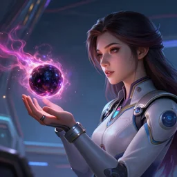 league of legends concept art beautiful young female scientist in hi tech suit examining small black hole in her hand, long hair, space station interior, black hole with plasma jets, art by charles liu, close - up profile shot, fantasy style, soft lighting, vibrant color scheme, female portrait, ultra detailed, volumetric lighting, octane render, commission art, 8 k wallpaper