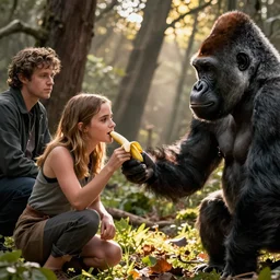 Emma Watson with a gorilla while she eats a banana from the gorillas hand, Charlie Bowater, Tom Bagshaw, artstation, golden ratio, artgem, cinematic lighting, cgsociety, cinematic