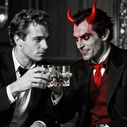 A handsome Frenchman and the devil toasting over a whiskey, film noir style, black and white and red colors, establishing shot, extremely high level of detail, high quality, digital art
