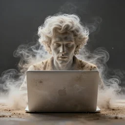 a portrait of a macbook made of smoke and dust, cinematic photography, smoke rising like clouds, beautifully symmetrical, super resolution, cgi, volumetric lighting & shadows, hyper detailed, 8 k, unreal engine,
