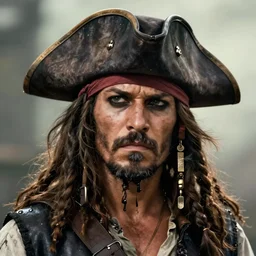 medium close - up portrait of a frowning pirate in a pirate hat with short gray beard, concept art, medium realistic