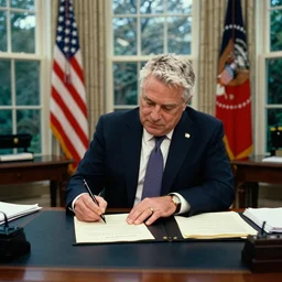 President Guy Fieri at his desk in the white house Oval Office, business suit, signing bill, cinematic, kodak 2383 film
