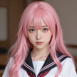 photograph of a beautiful pink haired japanese girl exquisite detail, hyper realism, ornate, voluptuous, exquisite detail, masterpiece, cute face, 4k, art by Donato Giancola and Bayard Wu and WLOP and Artgerm, tan skin, school uniform
