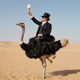 portrait of a respectable dignified royal business elite politicians in top hats and coat tails riding on ostriches in the sahara desert throwing vanilla icecream cones at each other, art by anders zorn, wonderful masterpiece by greg rutkowski, beautiful cinematic light, american romanticism by greg manchess, jessica rossier