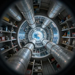 4 0 mm f / 1. 4, extreme closeup still : portal system multi - hub viewport interface, light continually scatters internally : total internal reflection, navigable via a network of gargantuan tubes, the space has ample cubbies to store small items, while inside the conduit the lack of floor removes all sense of orientation, vast distant worlds are visible through different overlapping apertures, depth of field