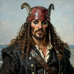 black beard viking, with viking paint on his face, gustave courbet art style