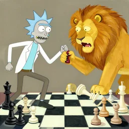 Abstract art of chess pieces fighting a lion god in the style of Rick and Morty