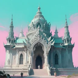 a cinematic scene temple, turquoise pink background, intricate, highly detailed, digital painting, artstation, concept art, smooth, illustration, art by artgerm and hsiao ron cheng