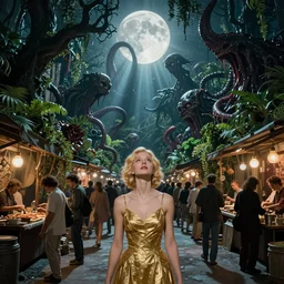small blonde in golden cocktail dress looking up, arkham horror city crowded market street overtaken by lush plants, evil fluid, insane, giant tentacles, lovecraft, full blody moon, light rays, gnarly trees by tom bagshaw, mucha, gaston bussiere, craig mullins, j. c. leyendecker 8 k