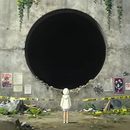 ghibli miyazaki movie scene, focal point, foreground, midground, ultra wide, brutalist, white hoodie girl outside a large hole in the side of a concrete wall, huge black circle, huge black round hole, black depths, posters, notices, graffiti, stickers, banners, police do not cross tape, junk, moss, vines, spiderwebs