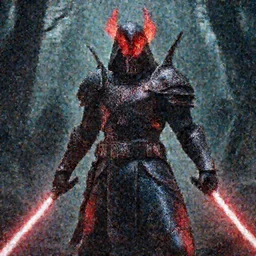 extremely detailed depiction of an armored dark assassin warrior in a dark evil forest, blood smeared mask, glowing crimson head, crimson fire head, Ultron, speedster, Darth Vader, fantasy art, fog, heavy armor, knights armor, cinematic pose, 8k, villain, dual wielding lightsabers